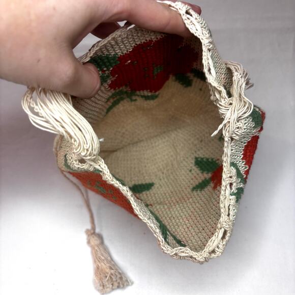 Antique 1920s Macrame Crochet Drawstring Purse Orange Flower Crossbody Tassels - Picture 2 of 16